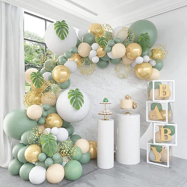 Olive Green Balloon Arch Kit,128Pcs Sage Green Ballloon Garland with White Gold Confetti Balloons Retro Green Balloon for Boy Birthday Party,Baby Shower Decoration,Jungle Safari Theme Party,Wedding