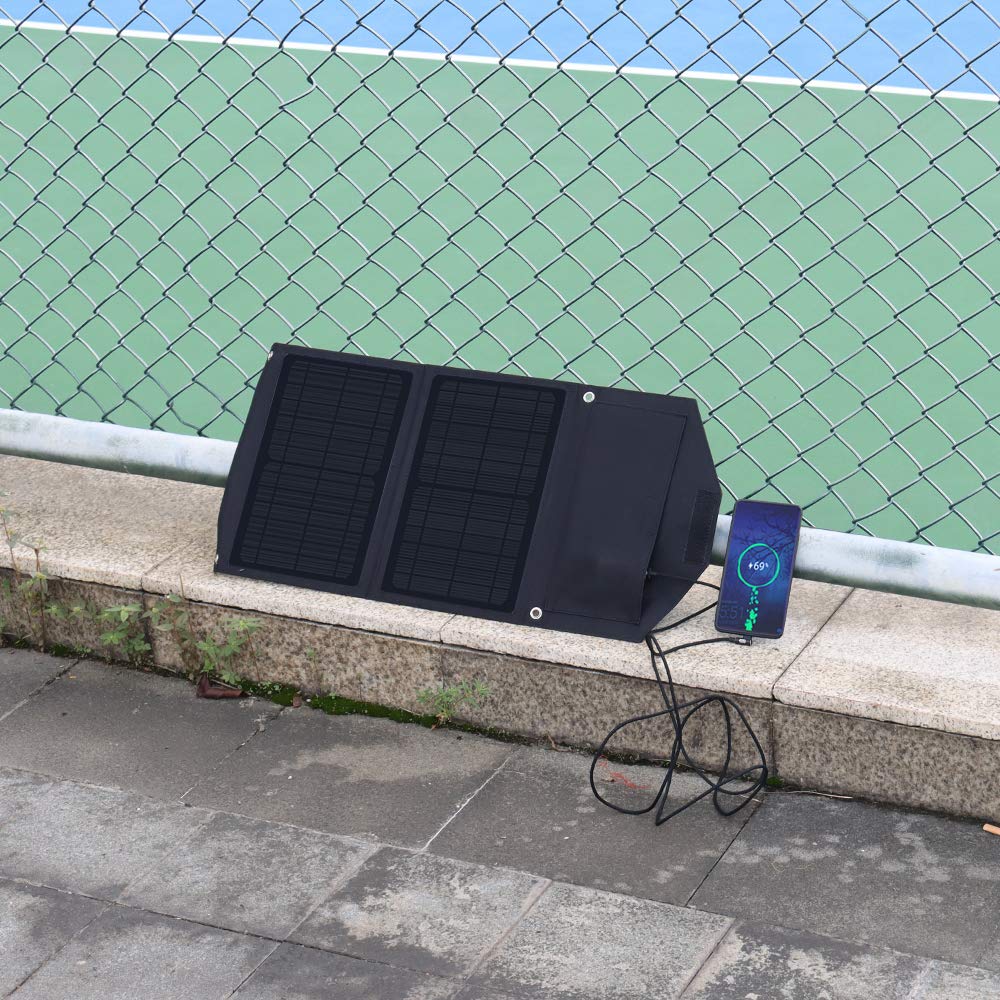 XINPUGUANG Cargador Solar 14W Portátil Dual USB Exterior Panel Solar Plegable 5V 3A Salida para teléfono, Tableta, cámara, Banco de energía, Ventilador, Camping, Carga de Viaje (Negro)