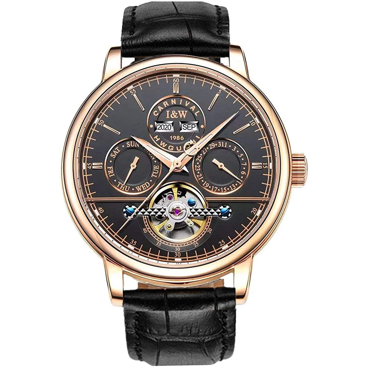 MASTOP Herren-Armbanduhr, automatisch, mechanisch, Tourbillon, Leder, leuchtend, Business-Herrenarmbanduhr
