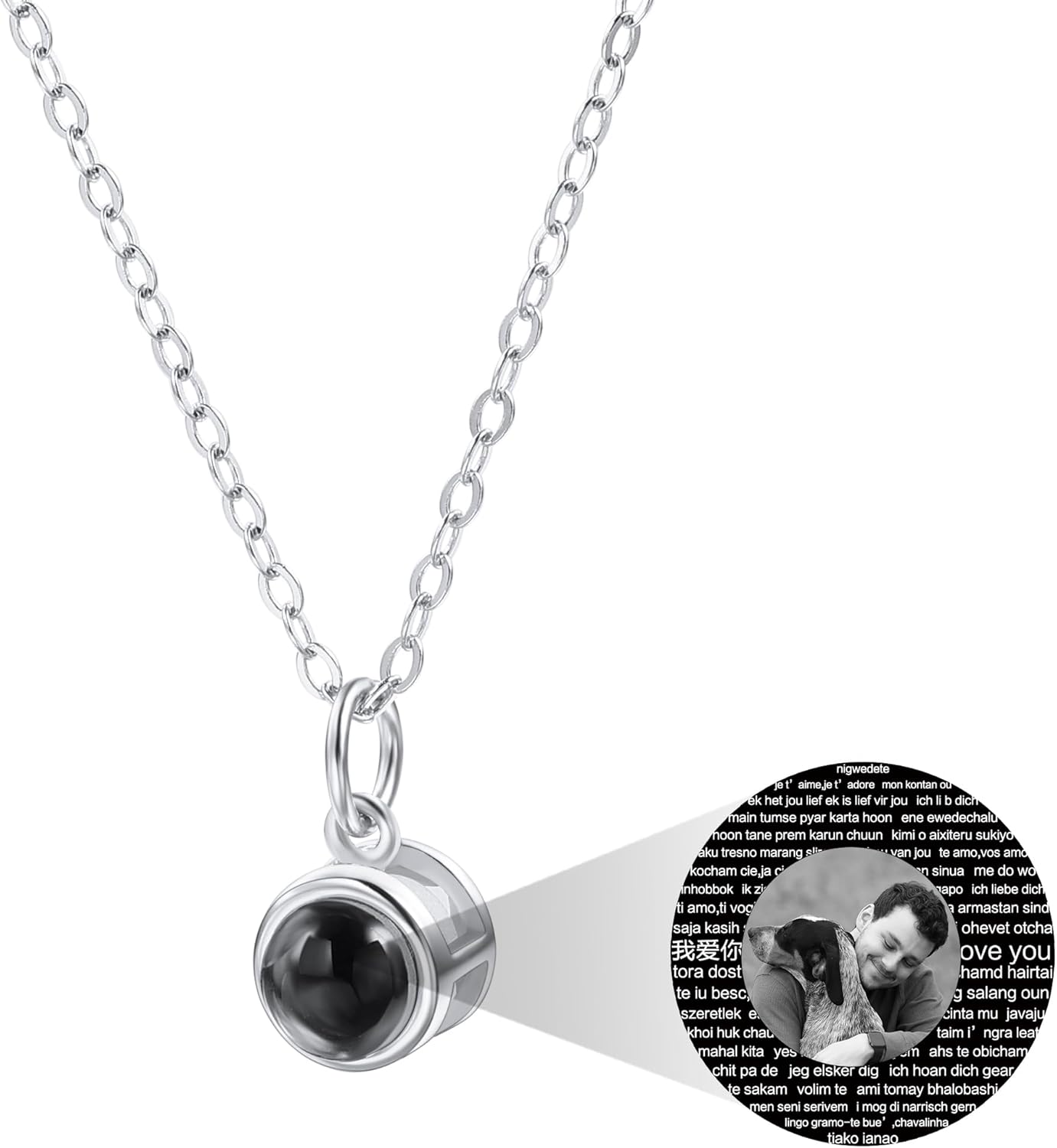 MeMeDIY Personalized Necklace I Love You Necklace 100 Languages with Custom Inside Projection Picture Pendant Sterling Silver Jewelry for Women Christmas Birthday Gifts