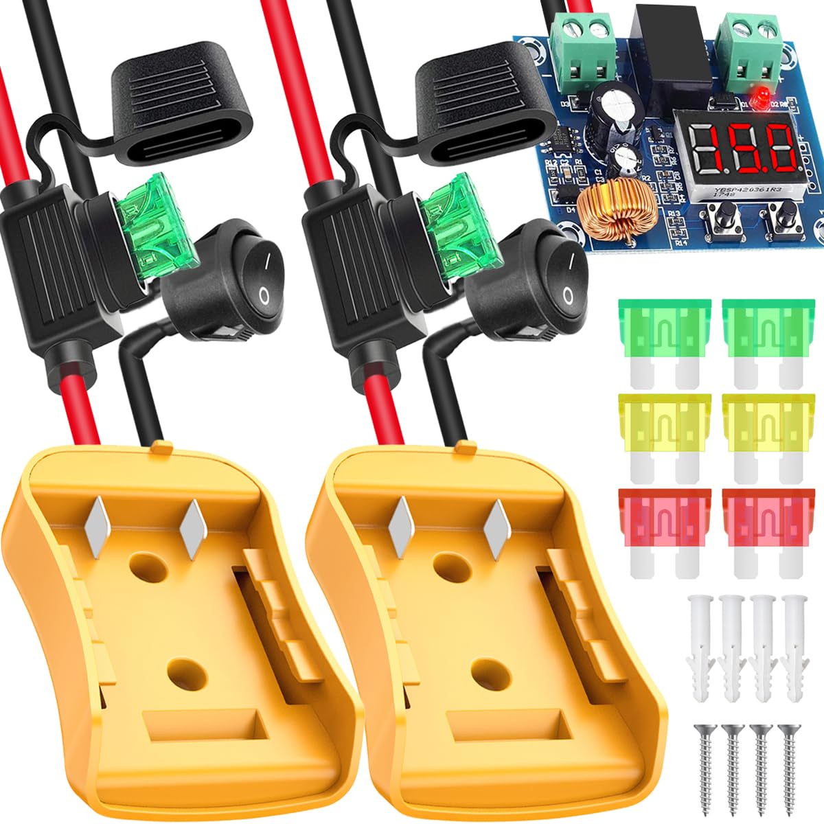 HAAMNING7 2 PCS Power Wheel Adapter for Dewalt 20V 18V Battery, Power Converter for DIY Work Light RC Truck Car, with 12AWG Wire Harness Switch & Fuse, Power Tool Battery Connector