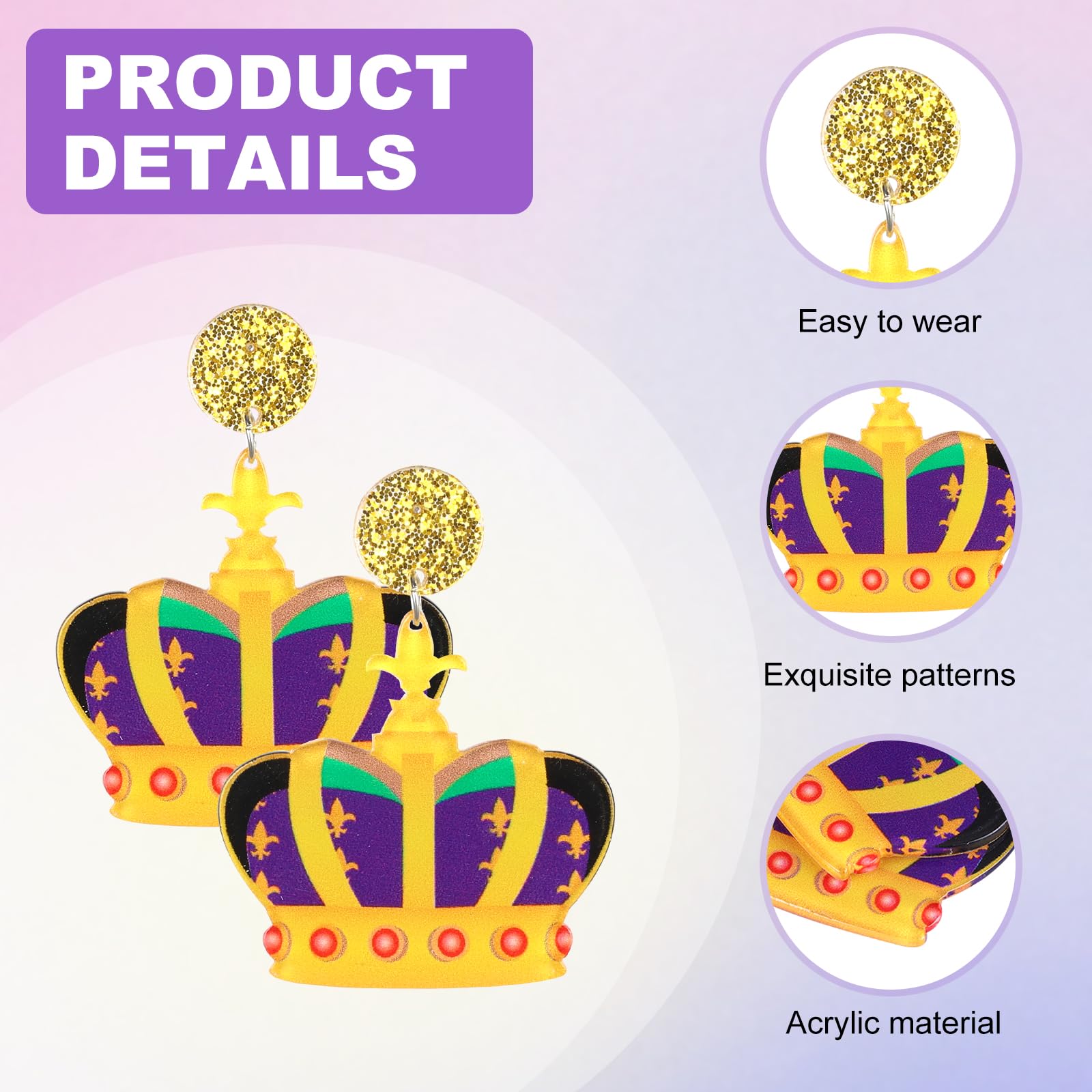 10 Pairs Mardi Gras Earrings Bulk, Acrylic Mardi Gras Themed Glitter Earrings For Masquerades, Mardi Gras Party Decoration, Fat Tuesday Holiday Costume, Carnival Parade