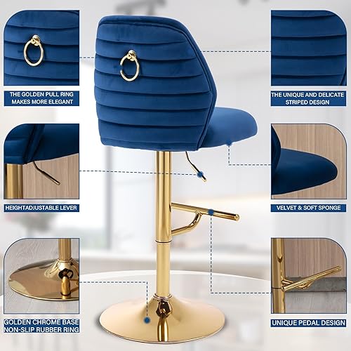 Miniatura 5 de TTK Velvet Swivel Bar Stools Set of 2 with Backs Adjustable Gold Barstools for Kitchen Island Counter Height Bar Chairs Upholstered Mid Century
