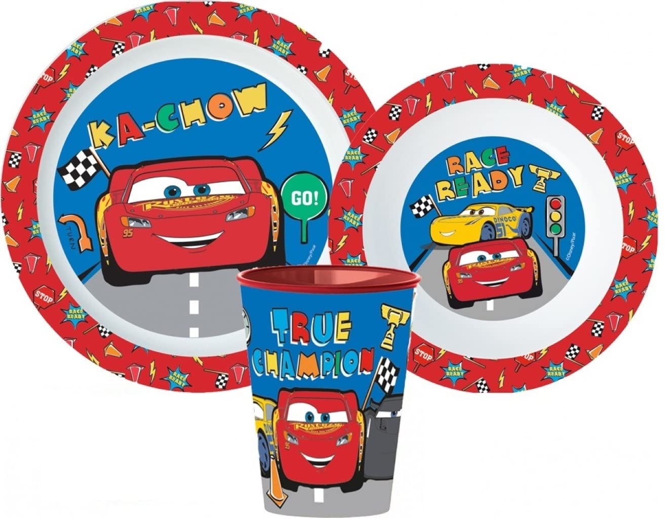 Microwave Safe 3pcs Cartoon Character Dinner Tableware Set Plate, Bowl & Cup, BPA Free re-usable Plastic (Cars)