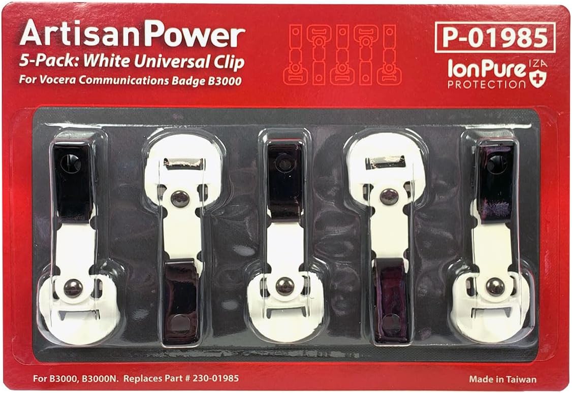 Box of 5: White Universal Clip for Vocera Communications Badge B3000. 230-01985