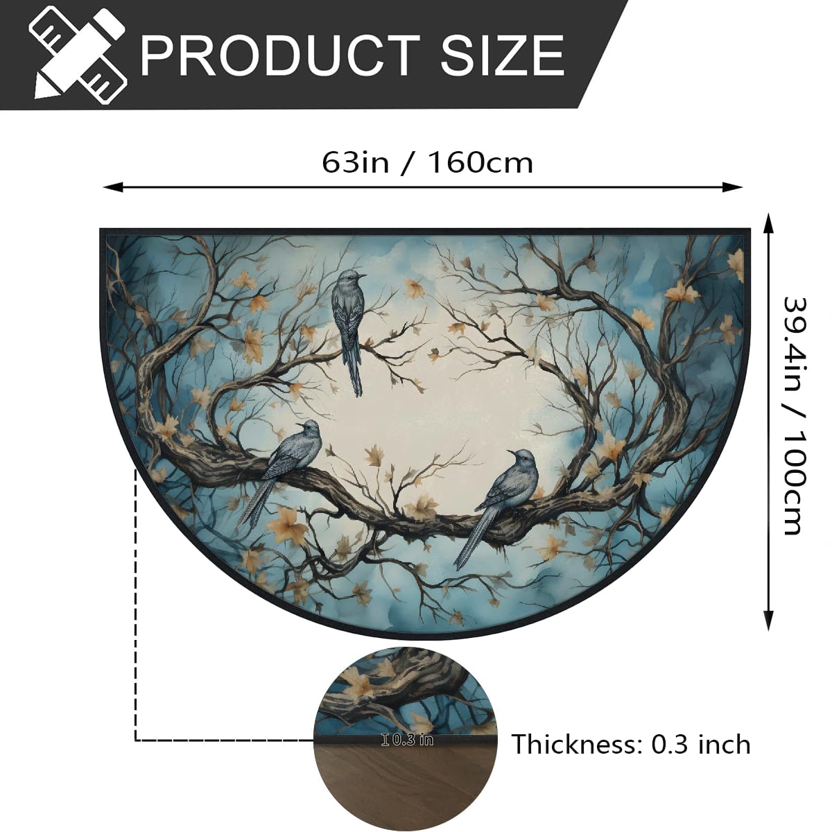 Mexpekil Paillasson demi-rond antidérapant lavable en demi-lune avec motif de branches d'arbre et d'oiseaux, pour intérieur et extérieur, 100 x 160 cm