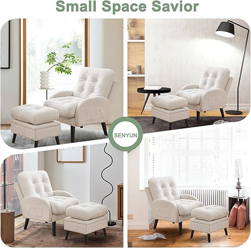 Miniatura 31 de Silla decorativa con respaldo ajustable otomano, silla de sala de estar tapizada con juego de reposapiés, silla moderna, acogedora silla reclinable