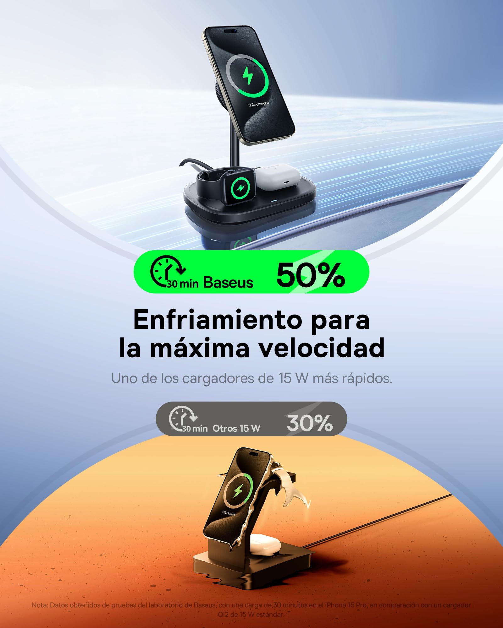 Baseus EnerFill Cargador Inalámbrico 3 en 1 con Enfriamiento Tec, Estación de Carga Inalámbrica de 22,5 W, Compatible con Apple Watch, iPhone 16/15/14/13 Pro MAX, AirPod, con Cargador Rápido de 45 W
