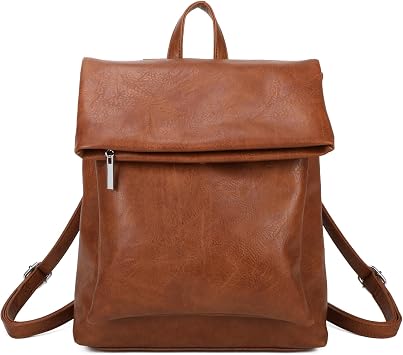 Woodland Leathers Women's Fashion Small Backpack, Womens Backpack With Anti Theft Zipper, Waterproof Faux Leather Back Pack Womens, 13" Tablet And Laptop Fashion Backpacks For Women Brown Roll Top