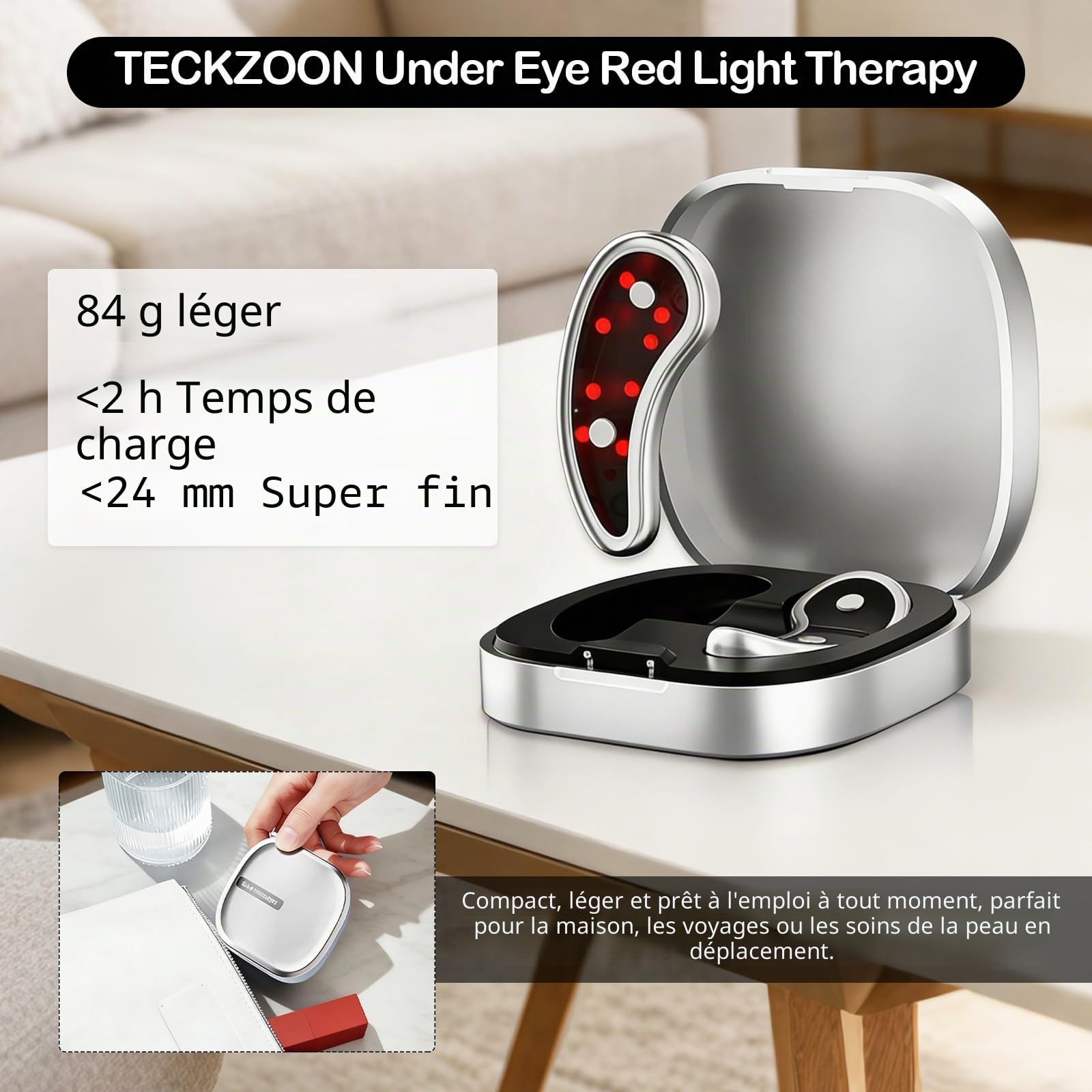 Appareil de massage des yeux portable à lumière rouge - Patchs rechargeables sous les yeux contre les cernes, les gonflements, les rides et le raffermissement de la peau