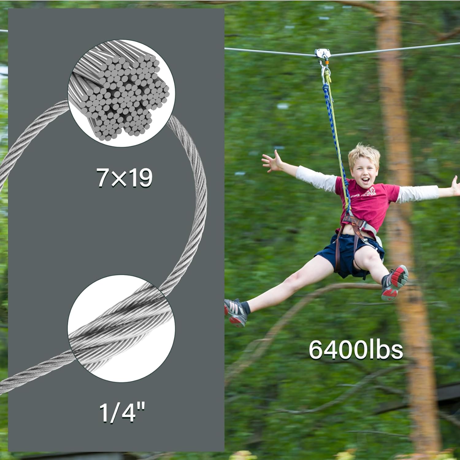 1/4IN 100FT Stainless Steel Cable (7x19 Strands), 6400 lbs Breaking Strength, Aircraft Wire Rope for Deck Railing, Zip Line, String Lights, and Heavy Duty Outdoor Applications