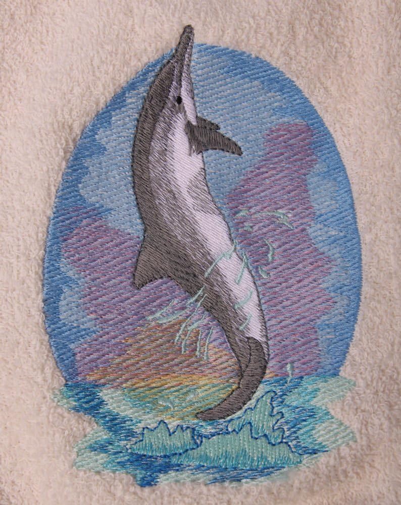 Bath Towel Set with Embroidered Spinning Dolphin - Beige Terry