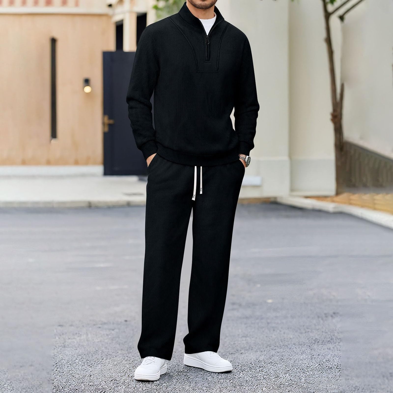 Generisch Traje de ocio para hombre con cremallera, chándal para hombre, de punto, cuello alto, sudadera y pantalones de chándal, conjuntos de 2 piezas, traje deportivo transpirable, traje de gofre