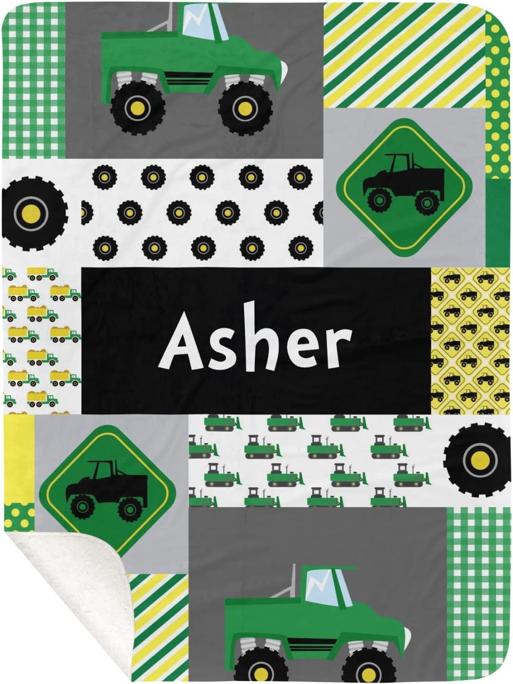 Car Green Yellow Quilt Personalized Receiving Sherpa Fleece Baby Blankets for Girls Boys Kids, Swaddle Blankets Gift for Newborn Crib Infants 30x40 Inches