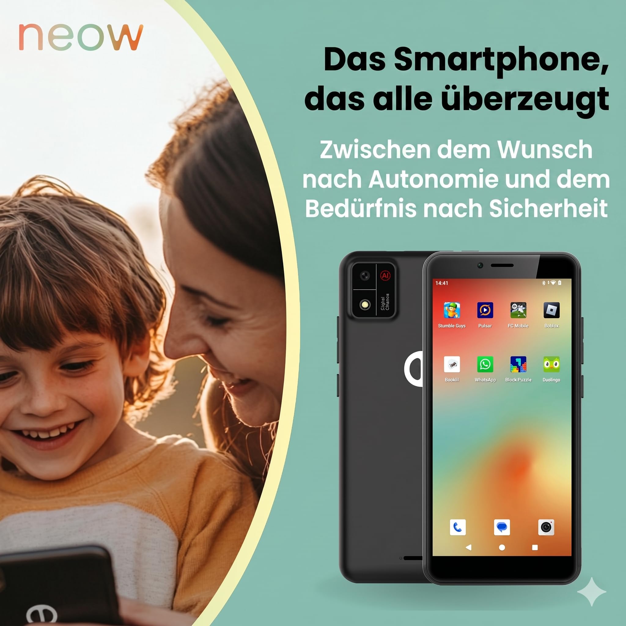 Neow Kids - Smartphone Android 14 | Smartphone pour Enfant | Applications ludiques préinstallées | Google Familly Link | Coque Offerte