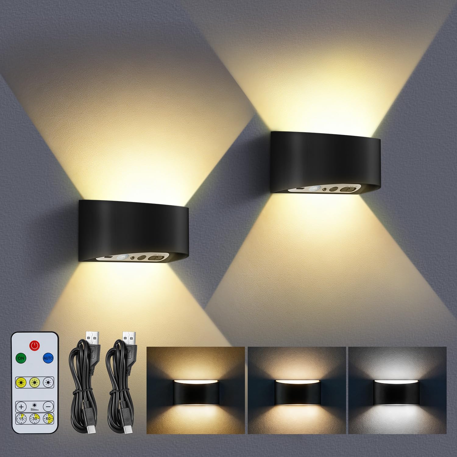 2 Stück Wandleuchte Innen mit Bewegungsmelder, Akku LED Wandlampe Innen Aufladbar 5000mAh, Kabellose Wandleuchte mit Fernbedienung, 3 Farbtemperaturen Dimmbar, 2 Montagemöglichkeiten Flur Treppenhaus