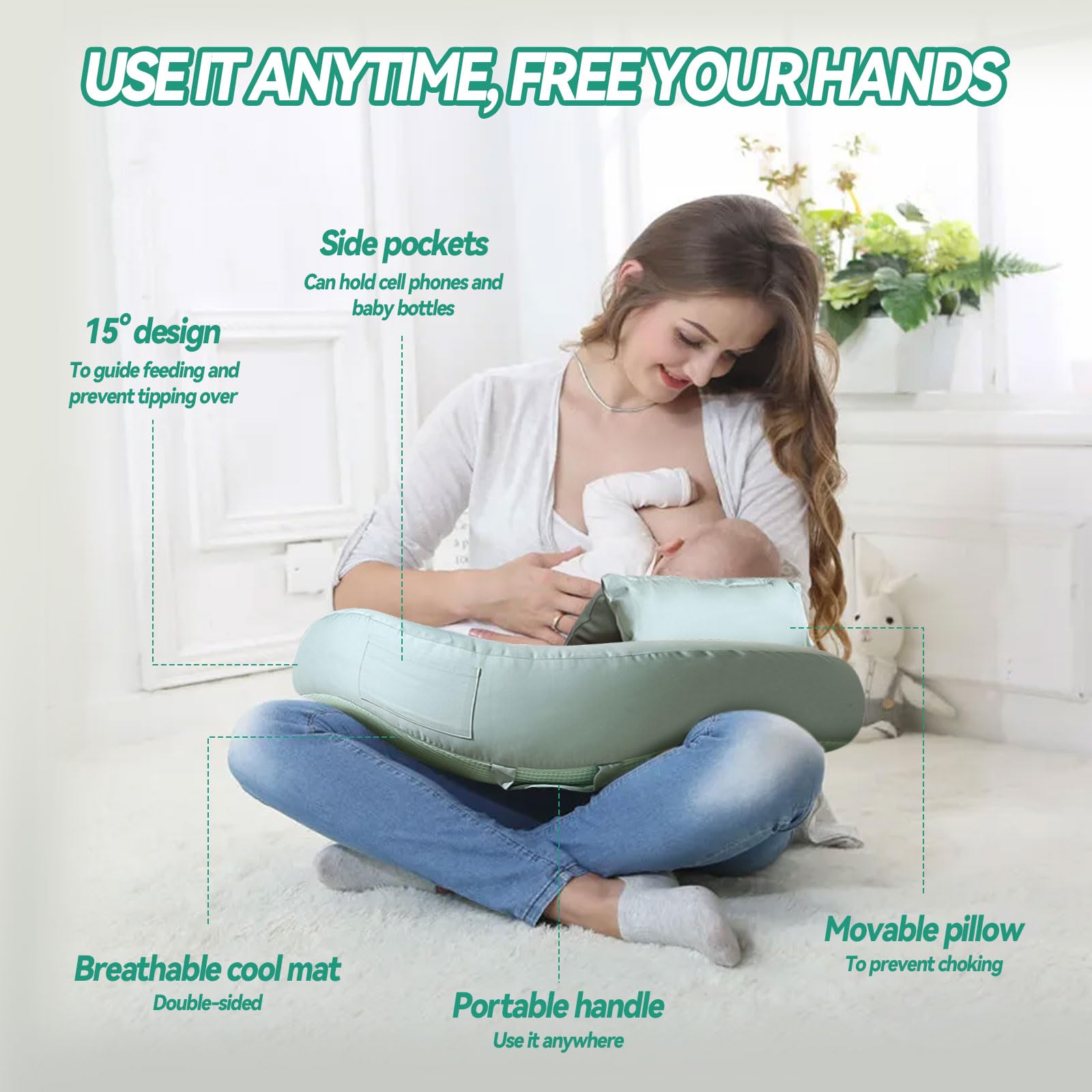 Paquete de 2 almohadas de lactancia materna con almohada para el brazo, almohada de embarazo en forma de U, almohada de alimentación del bebé, funda de almohada extraíble lavable, asa