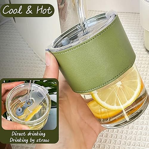 Miniatura 2 de A.W - Taza de vidrio para agua de 14 onzas líquidas con tapa, funda protectora de piel, con popote y boca ancha, para batidos, taza sellada de