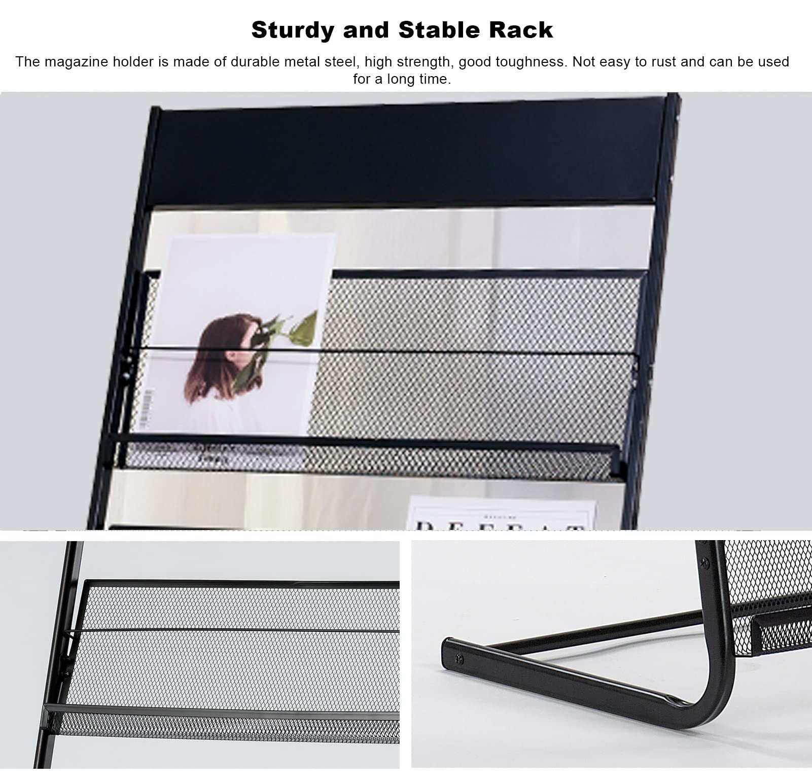 MTSON Prospektständer 54 "Black Magazine Rack Floor, Metall Display Rack Literature Broschüre Magazin Stand, Katalog -Signierständer für Empfangsbereiche, Einfach Zusammengebaut