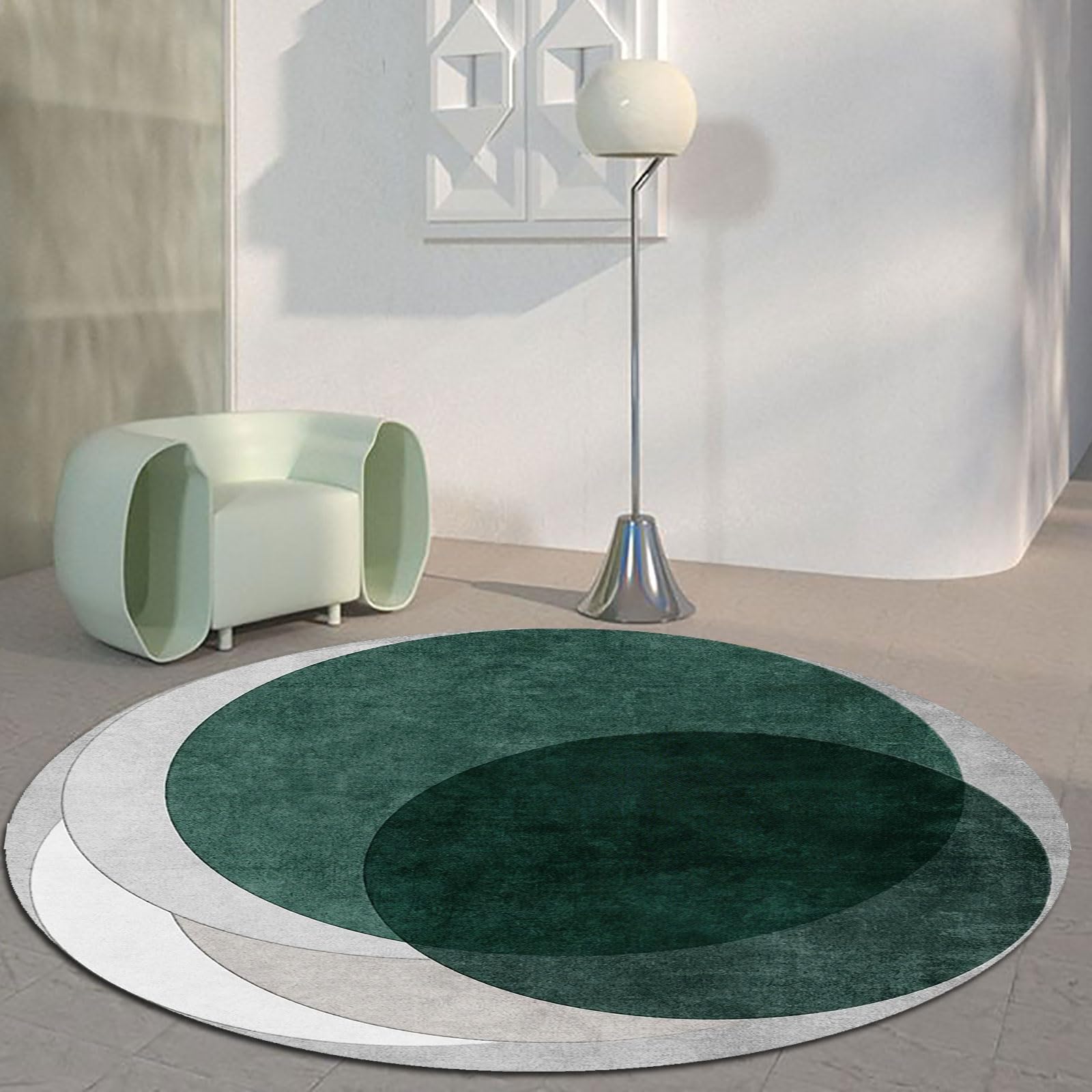 Tapis rond pour salon et chambre coucher gris vert géométrique 110cm