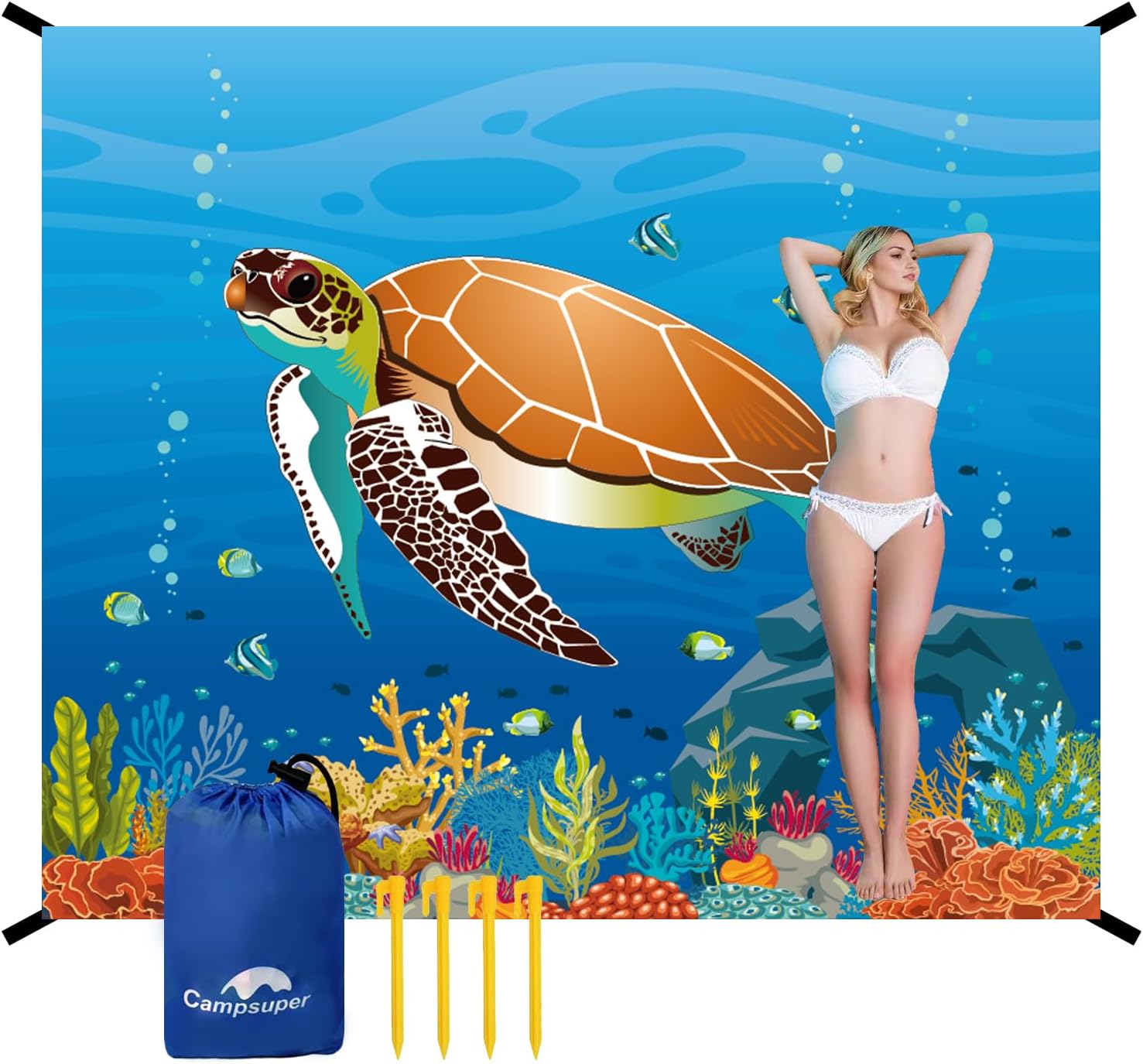Beach Blanket Waterproof Sandproof Oversized 95”x 80”,Sand Free Beach Mat with Corner Pockets,Portable Mesh Bag for Beach Festival,Picnic,Travel and Outdoor Camping (Ocean Dolphin)