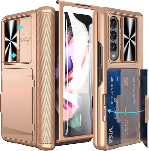 Vista 23 de Vihibii Funda para Samsung Galaxy Z Fold 3 5G con protacción de bisagra, soporte para tarjeta integrado, cubierta de cámara deslizante y protector