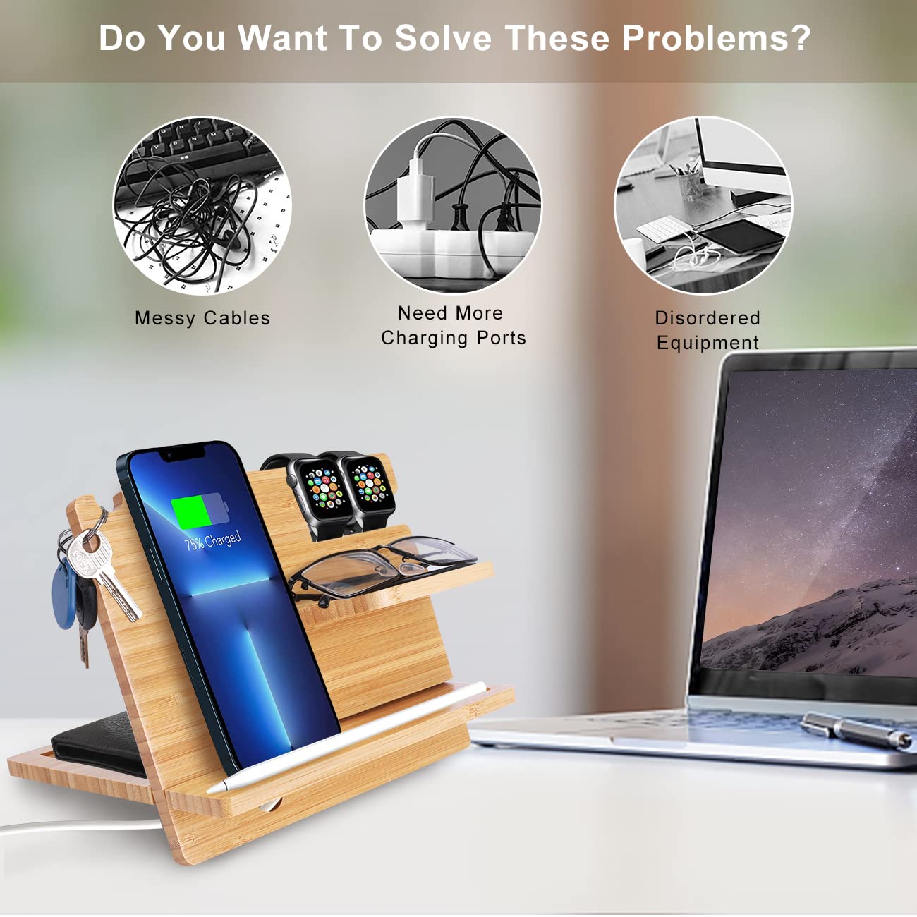 ICozzier Bamboe 4 Slot IWatch Stand Station De Charge Multifonction Detachable Et Organisateur De Cables Station D Accueil Pour Apple Watch Iphone Ipad Macbook Smartphones Tablettes