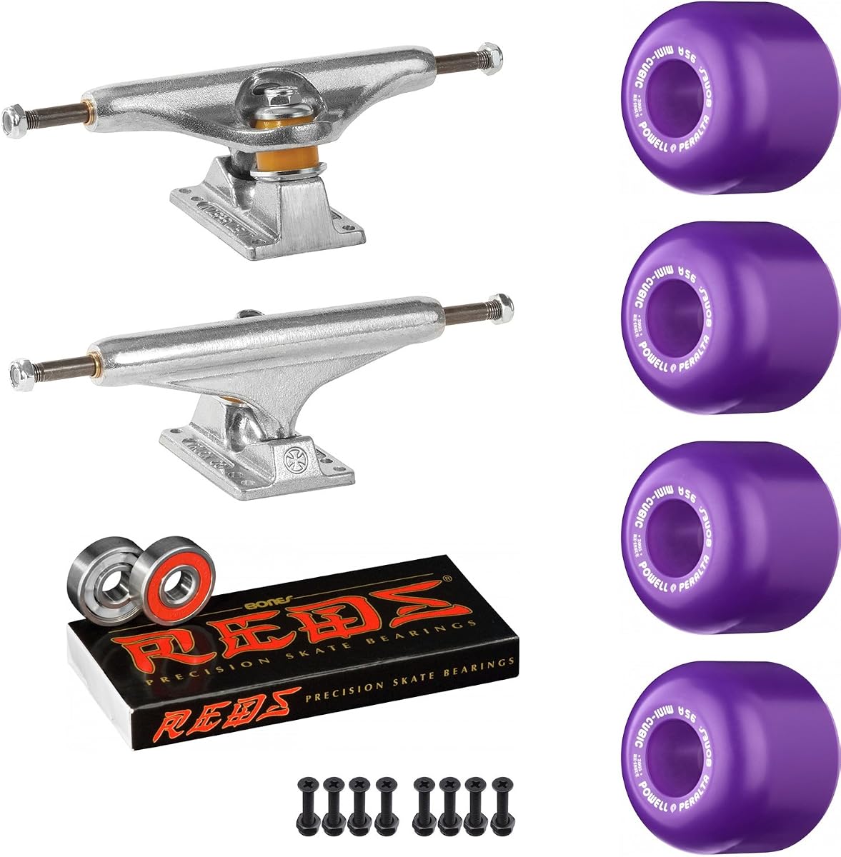 Paquete de patineta Old School con ejes Independent 169, ruedas Powell Mini-Cubic, rodamientos Bones Reds, accesorios de montaje y elevadores