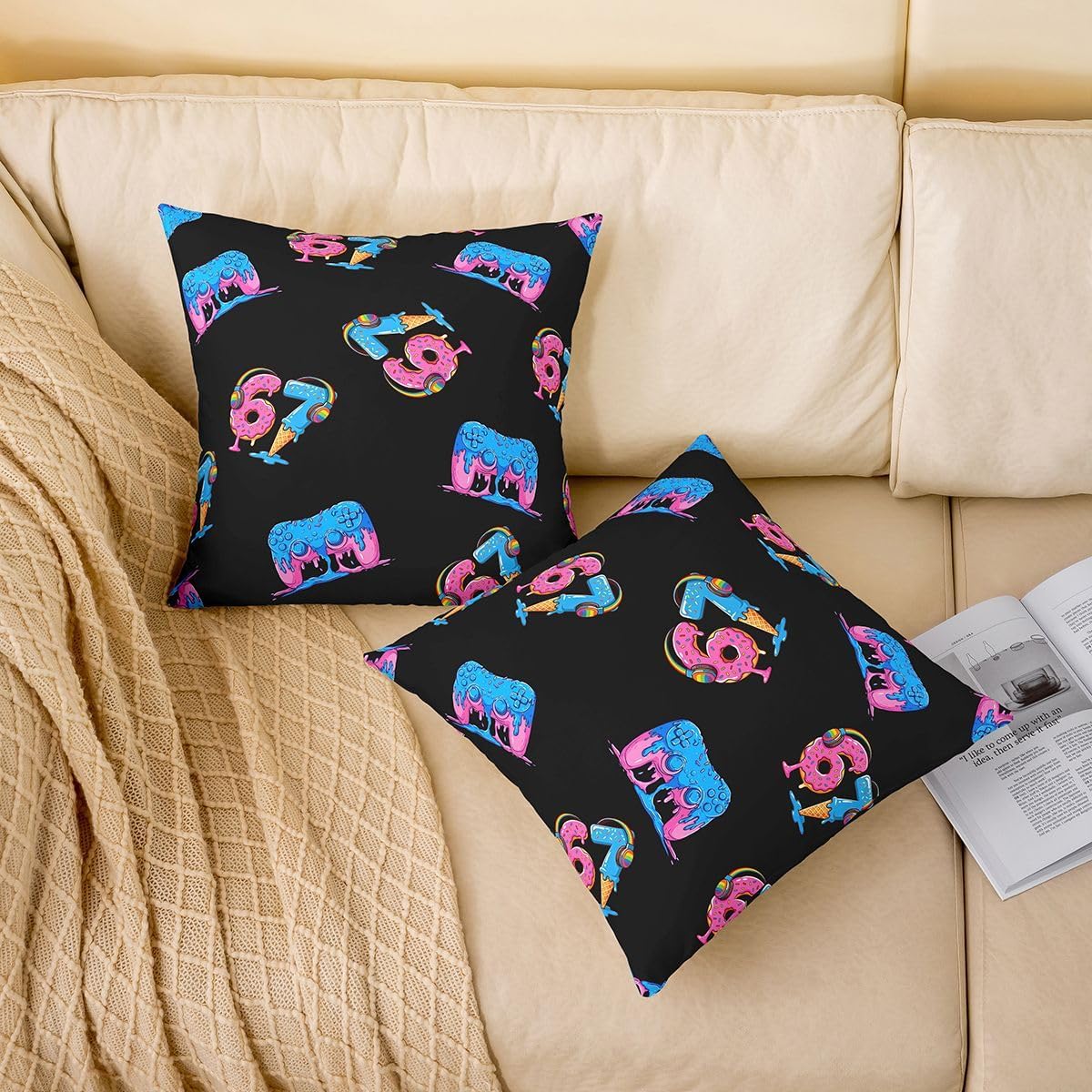 jejeloiu 67 Meme Ice Cream Drip Throw Pillow Covers Set of 2 Pink and Blue Six Seven Gamer Square Cushion Covers Gaming Pillow Case Cushion Case for Couch Sofa Bedroom Decor 16 x 16-Inch image 2