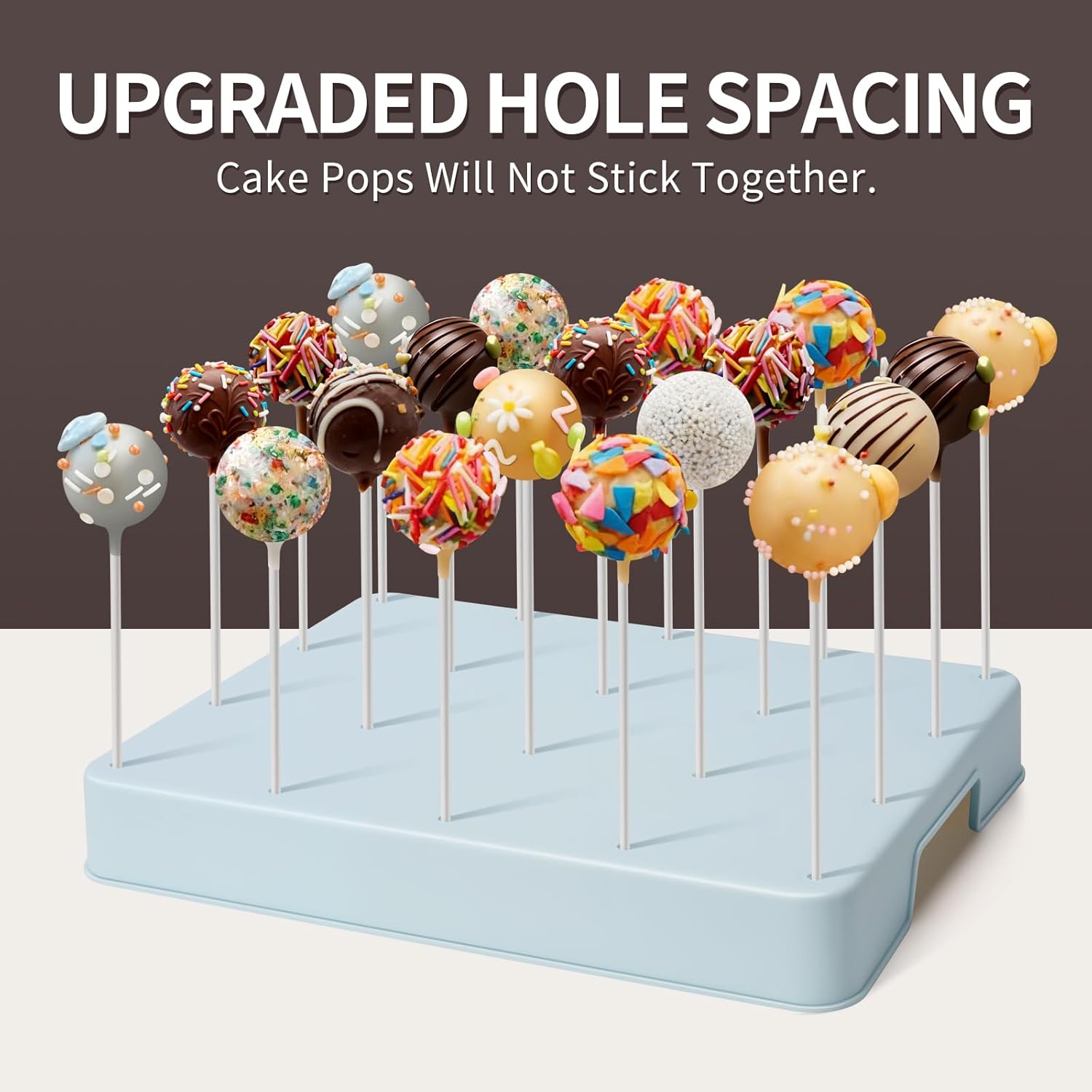 20-Hole Cake Pop Stand with Large Spacing and Taller Height, Easy to Use Upgraded Lollipop Holder & Cake Pop Holder with 100 Sticks, 100 Bags & 100 Ties, Dessert Table Display– Blue - Image 4