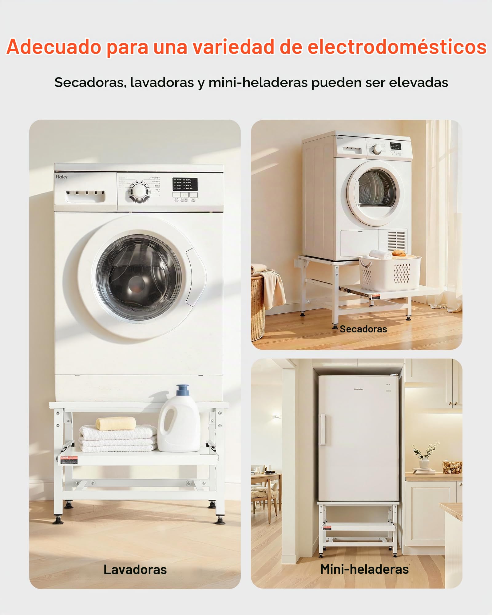 VEVOR Soporte para Lavadora Alto de 430 mm, Base de Lavadora de Acero Resistente, Capacidad de Carga de 318 kg, Pedestal Universal para Secadora con Bandeja Extraíble, Patas Antideslizantes, Blanco