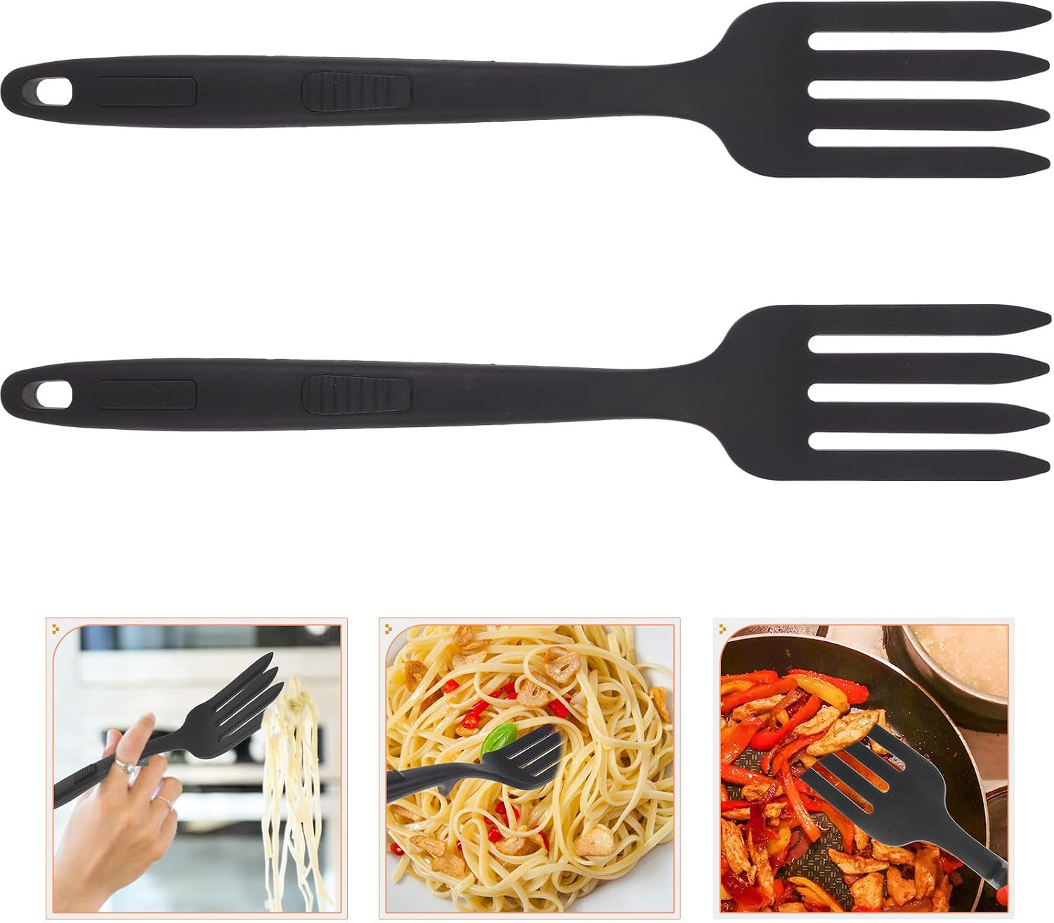 Silicone Pasta Fork and Large Cooking Fork Set, 2pcs Black Wear-resistant Kitchen Gadget for Spaghetti and Stirring, Reusable Practical Cooking Utensils for Home and Dining
