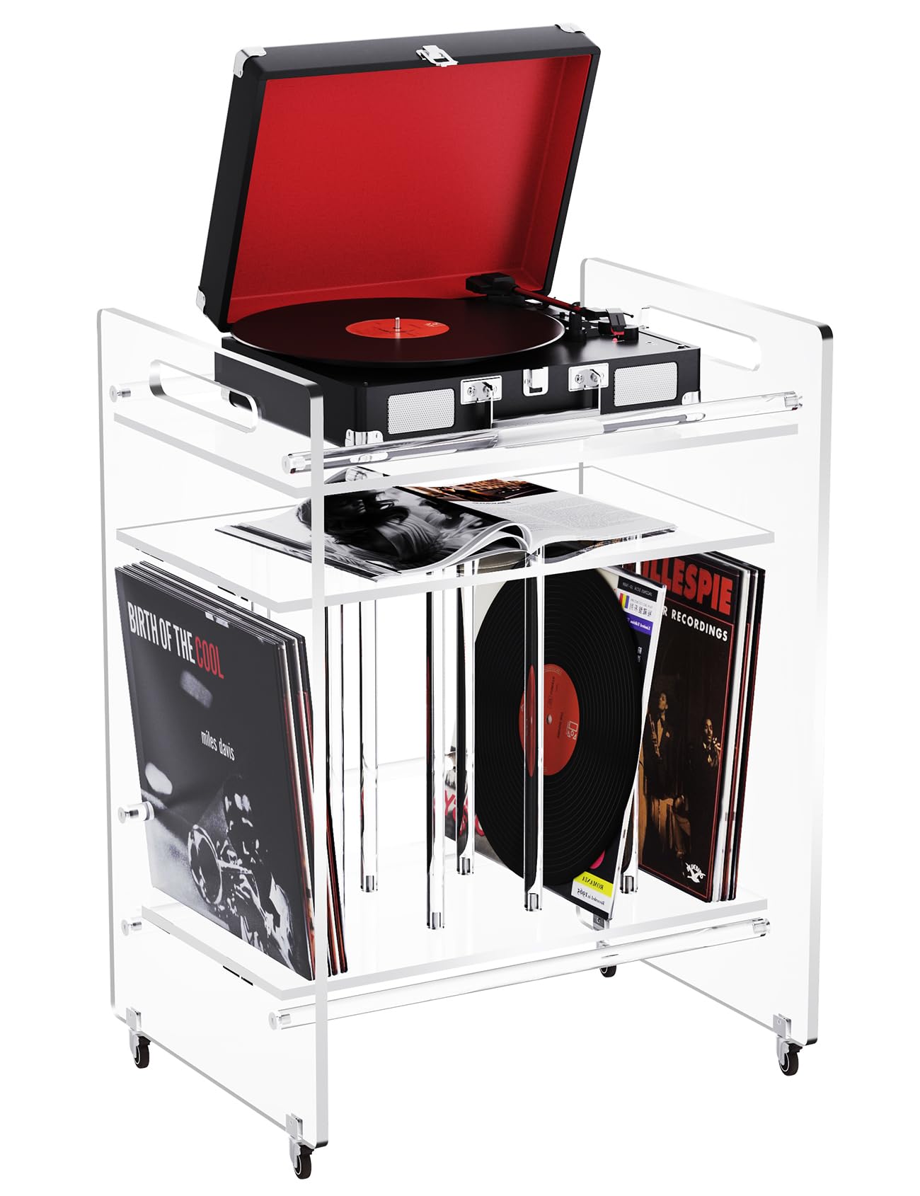 Acryl Beistelltisch, Plattenspielerständer, Schallplattentisch, Vinyl-Magazin-Aufbewahrungsregal mit 3 Ebenen, Beistelltisch mit Rädern (transparent, groß)