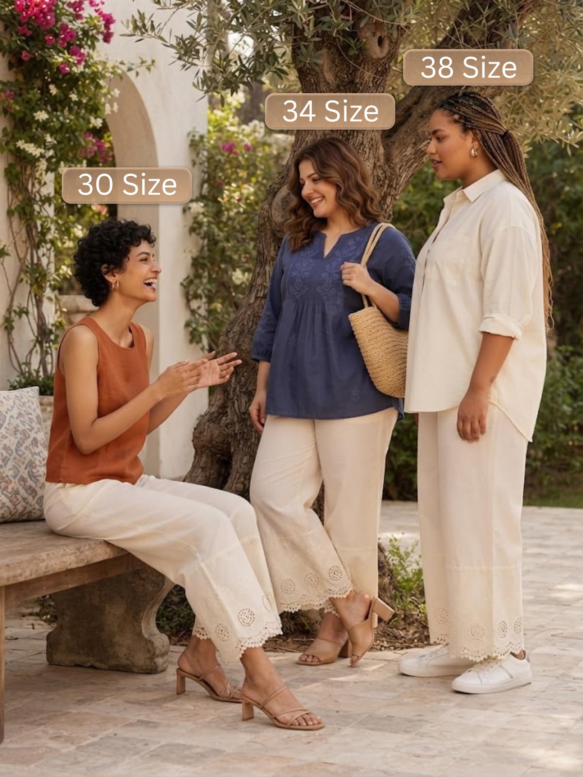 Leriya Fashion Pantaloni da donna | Pantaloni palazzo etnici in cotone con ricamo in pizzo | elastico in vita gamba larga casual pantaloni da donna | comodi pantaloni estivi da donna