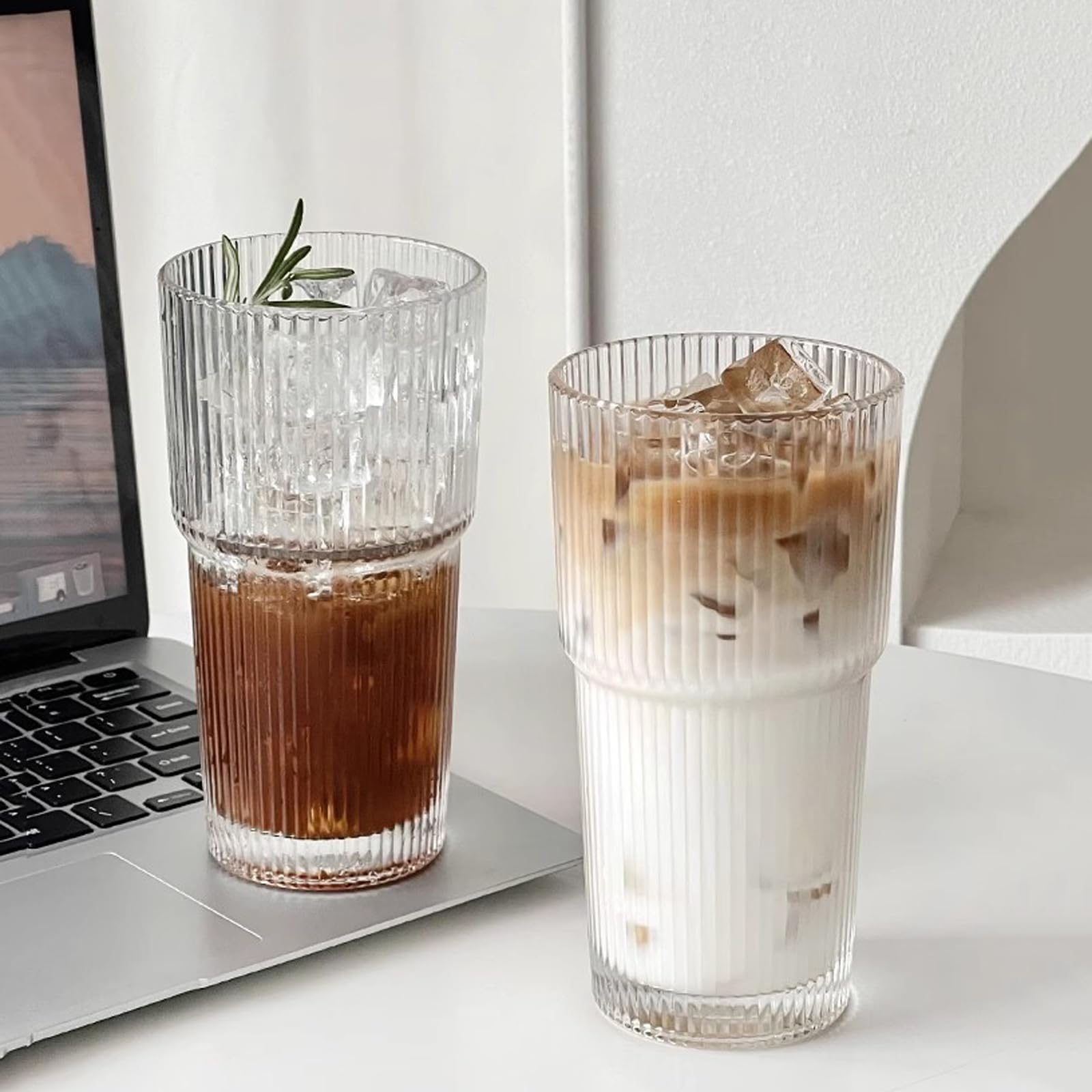 Trinkgläser, geriffelt, 540 ml, 2 Stück, altmodische Gläser, verdicktes Glas für Eiskaffee, Smoothies, Cocktails und Säfte, perfekt für Familien und Partys (2)