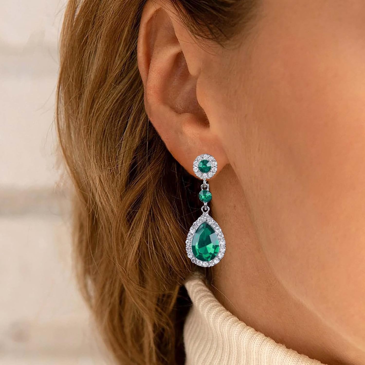 Vintage Teardrop Emerald Earrings Green Crystal Earrings Green Rhinestone Dangle Earrings Emerald Gemstone Drop Stud Earrings Jewelry for Women - Image 7