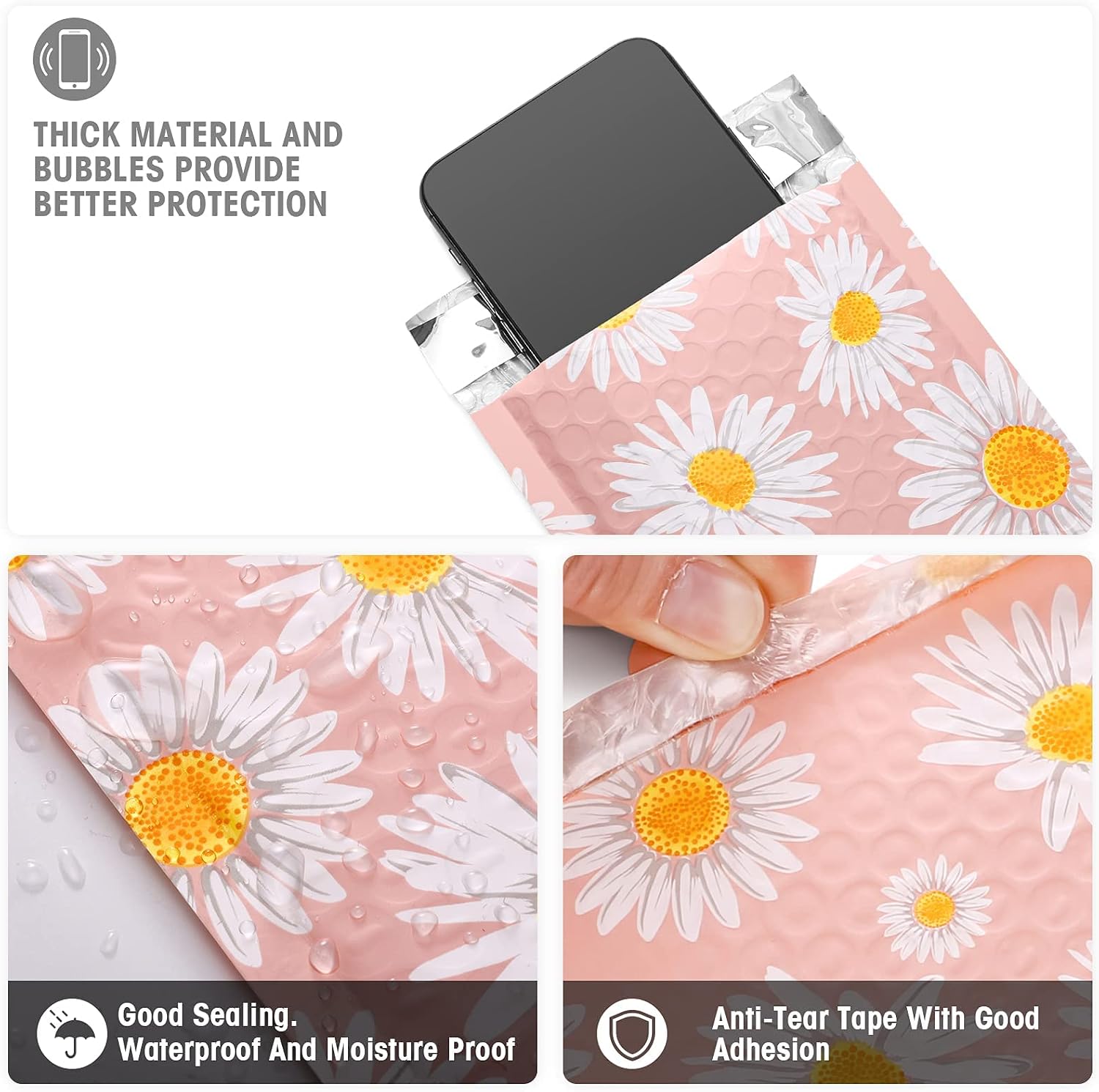 Metronic 4x8 Inch Bubble Mailer 100 Pack, Pink Small Bubble Mailers, Fancy Daisy Bubble Envelopes, Self-Seal Strong Adhesion Envelope Mailers,Small Padded Mailers for Packing Jewelry, Makeup, Bulk#000