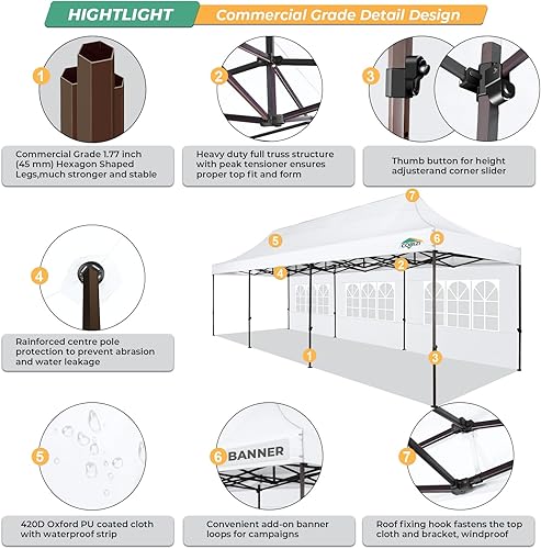 Miniatura 3 de COBIZI Tienda de campaña resistente de 10 x 30 pulgadas, toldo comercial desplegable de 10 x 30 pulgadas para fiestas, kioscos impermeables con 8