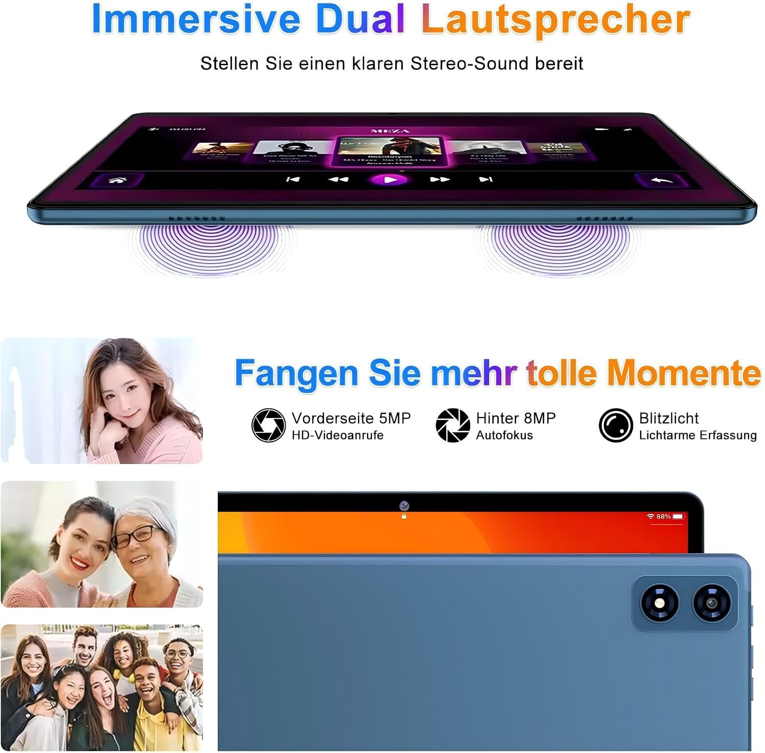 fezawio Android 14 Tablet 10 pollici 22 GB RAM + 128 GB ROM Octa-Core Tablet 5G WiFi, con tastiera mouse, 8000 mAh, (1TB TF) con collina-blu