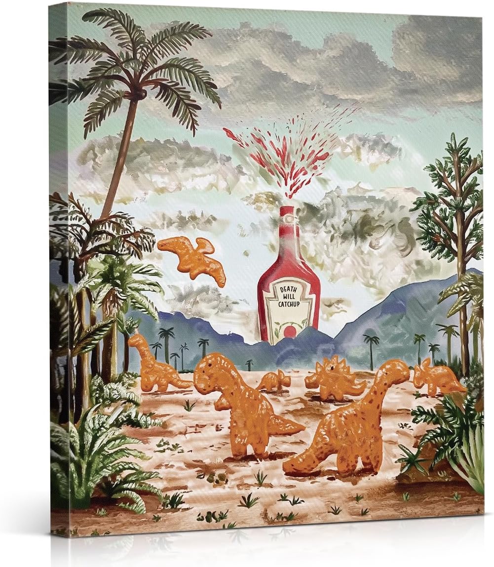YJIKRTVT Funny Dinosaur Nuggets Wall Art, Volcano Eruption Ketchup Bottle Canvas Painting Artwork, Quirky Vintage Food-Themed Wall Decor for Kitchen, Dining Room 8x10 Inches