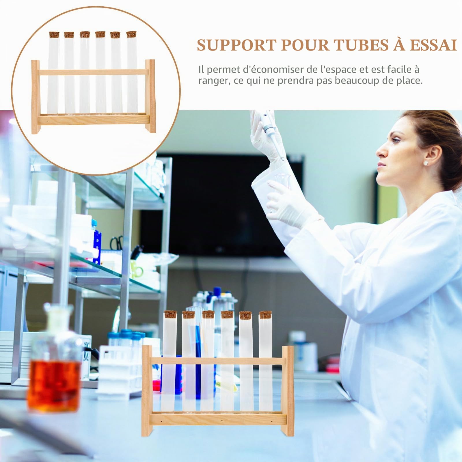 SHINEOFI Tube À Essai Et Support À Essai En Bois 6 Tubes 0.79x5.91 Pouces Porte-Éprouvettes Multifonctionnel Pour Laboratoire École Maison Avec Rack De Stockage