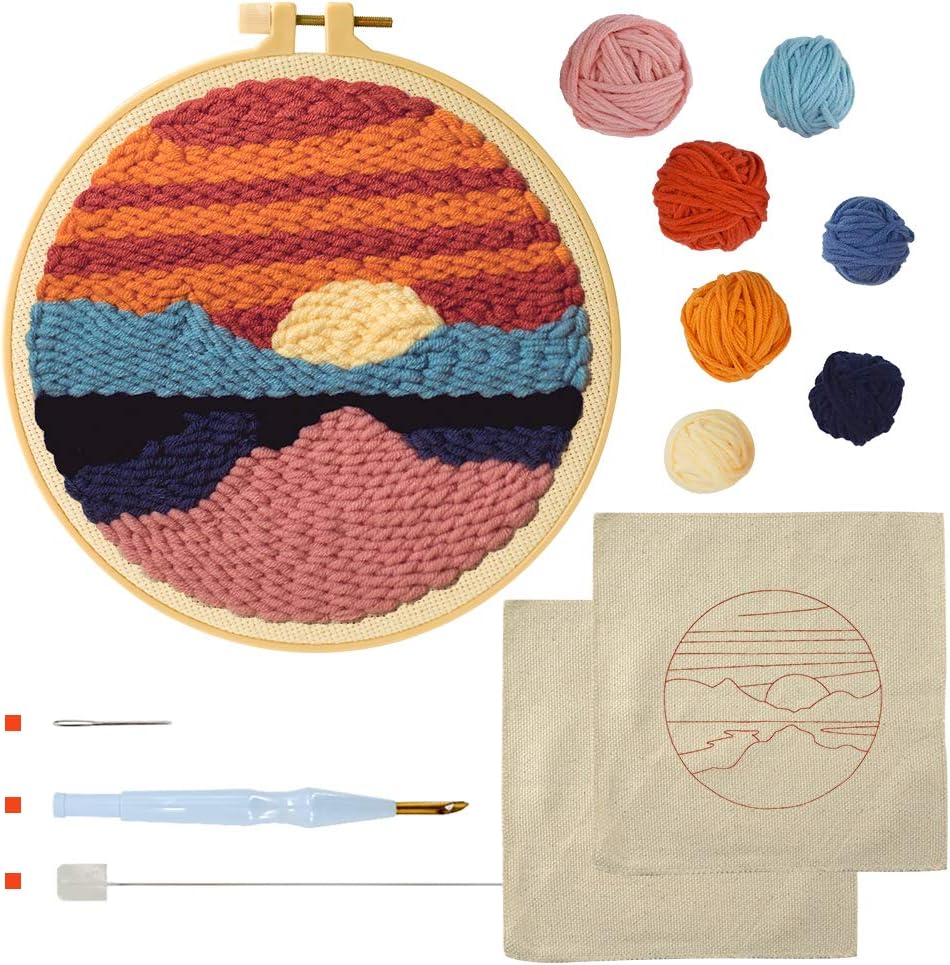 HUATKPunch Needle Embroidery Starter Kits Punch Needle Tool Threader Fabric Embroidery Hoop Yarn Rug Punch Needle