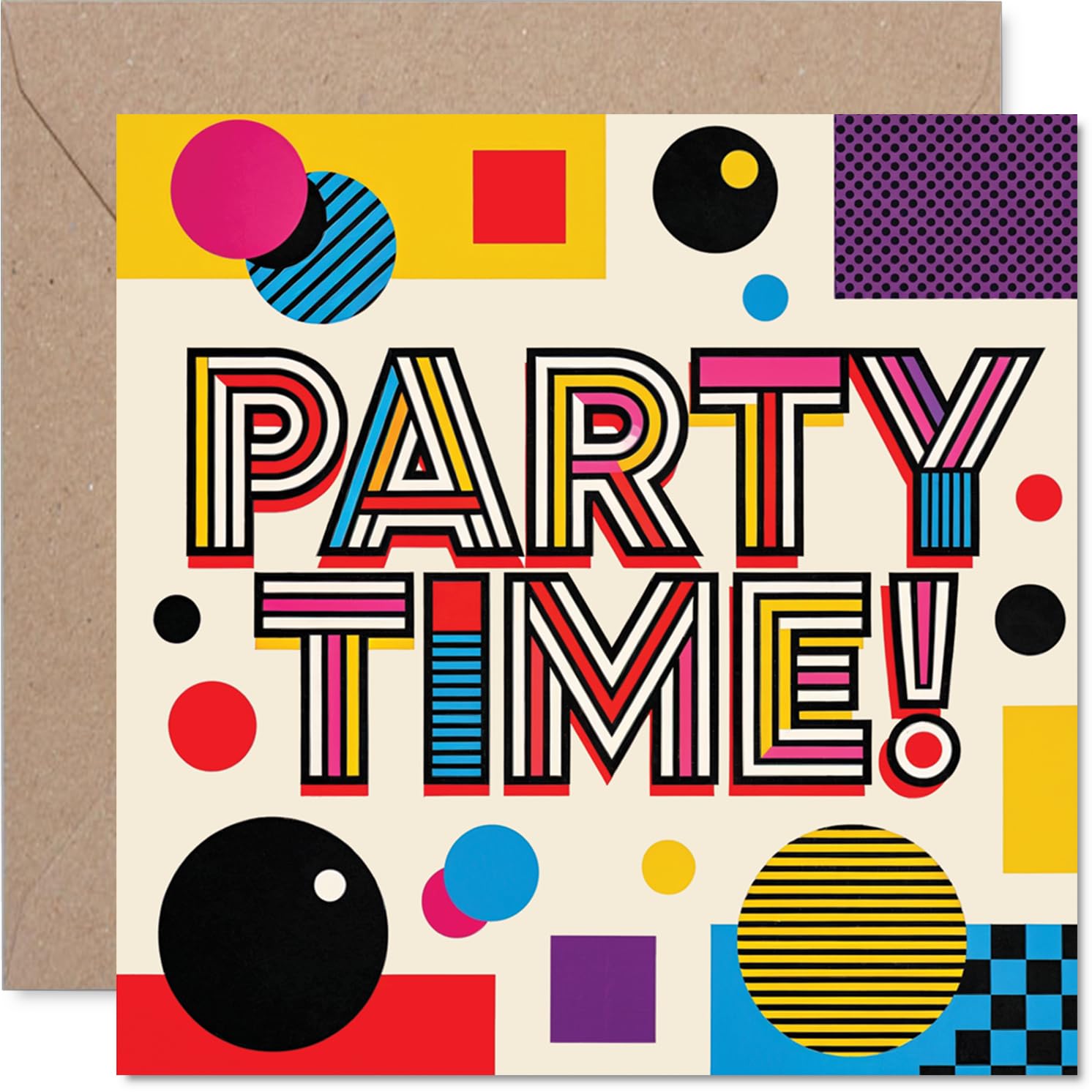 Playful Congratulations Card - Bursting with Celebration - Bold Geometric Shapes and PARTY TIME! Text - A Lively Way to Mark Their Big Moment - 145mm Square, Envelope Included