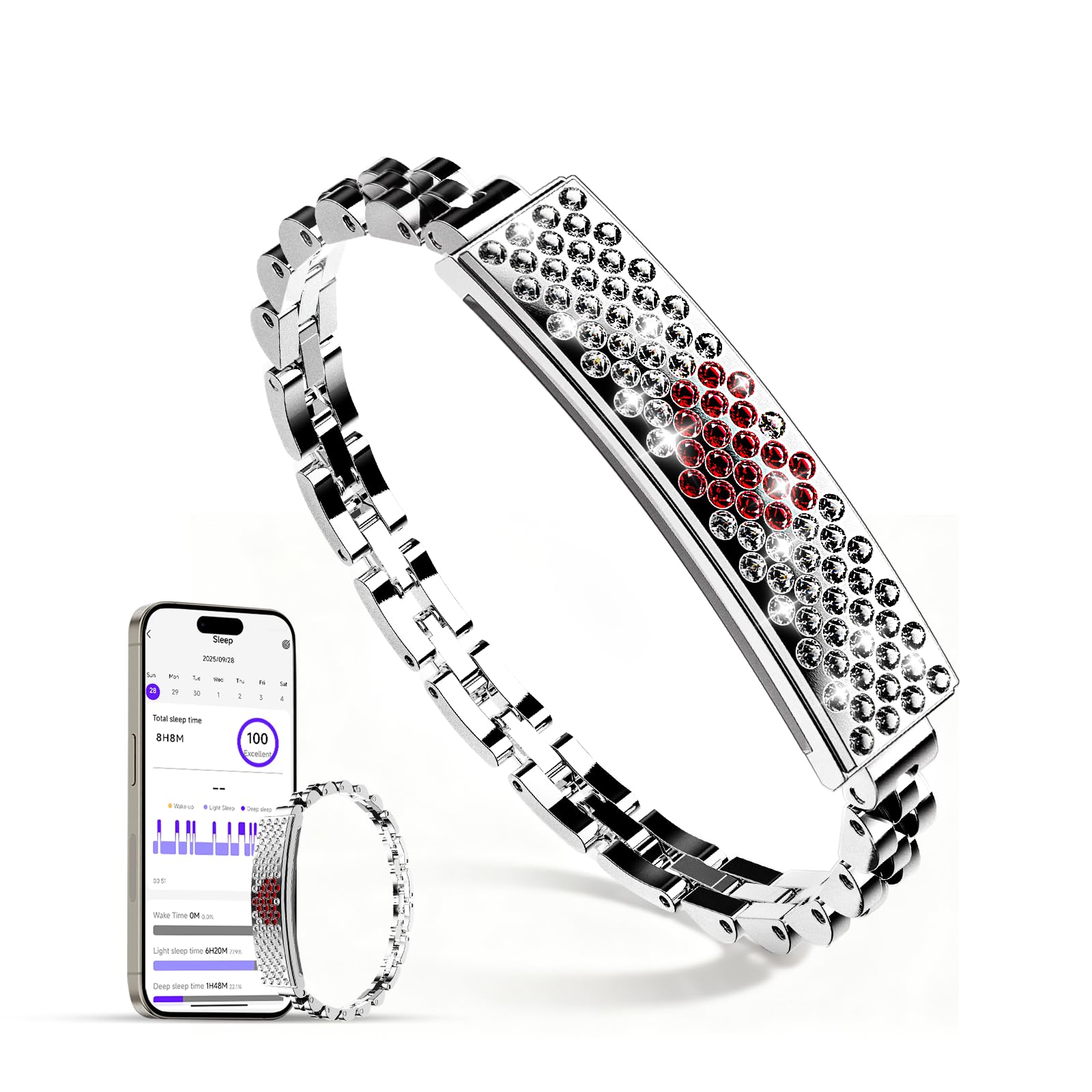Govllfoz Smart Diamond Bracelet for Women - Fitness & Sleep Tracker with Heart Rate Monitoring, Multiple Sport Modes,Hand Gesture Control, Elegant Jewelry Gift for Her SY3Dia (Red Diamond Heart)