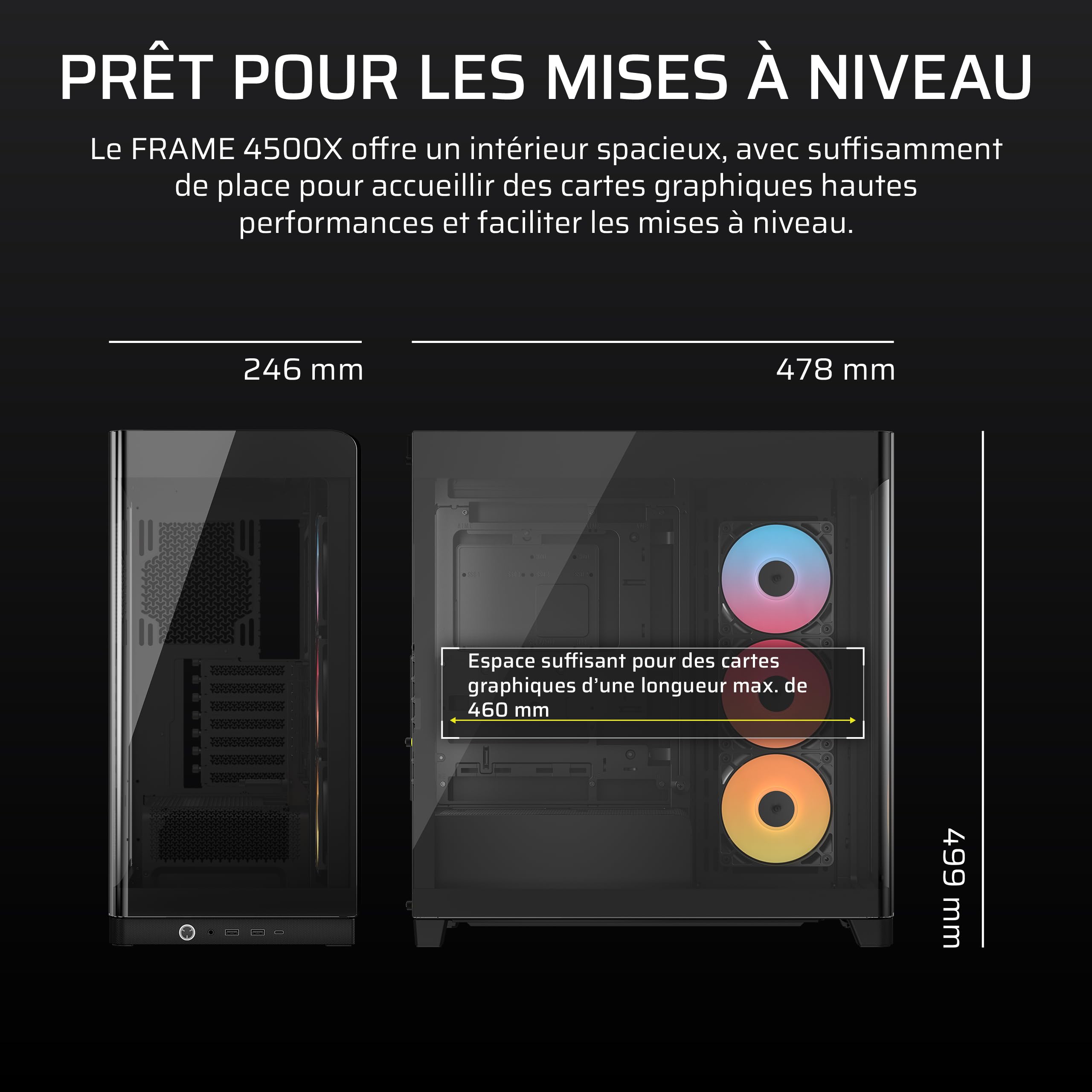 CORSAIR Frame 4500X RS-R ARGB Boîtier PC Moyen-Tour en Verre Panoramique – Système de Fixation du Ventilateur InfiniRail, Peut Accueillir Deux Radiateurs de 360 mm, 3X Ventilateurs RS120-R – Noir