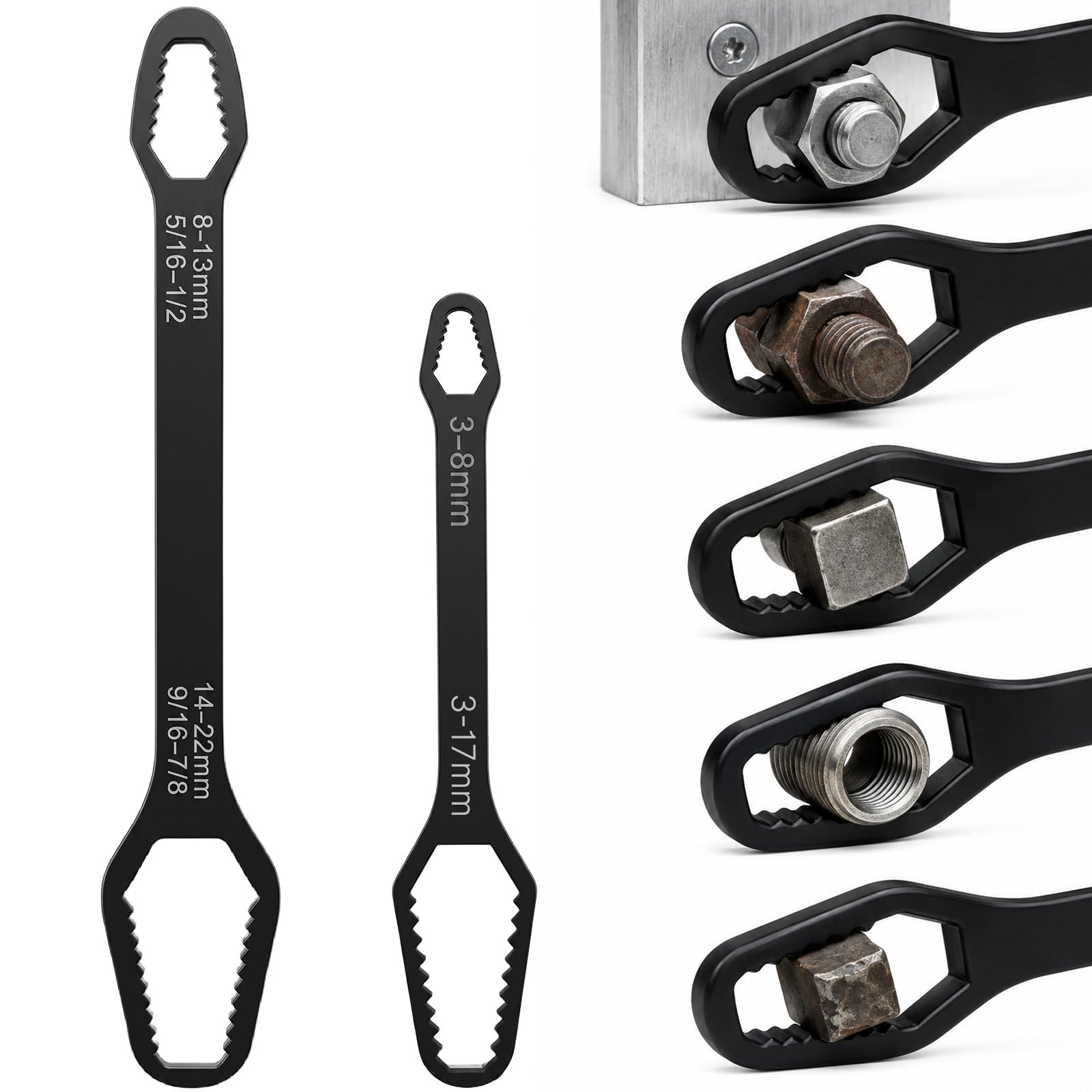 2 Pcs Double Ended Adjustable Spanner Set, Self-Tightening Multi-Function Wrench Set, 3-8mm/9-17mm & 8-13mm/14-24mm Universal Spanners for Plumbing, Automotive Repair, Bicycle, Home DIY (BLACK)