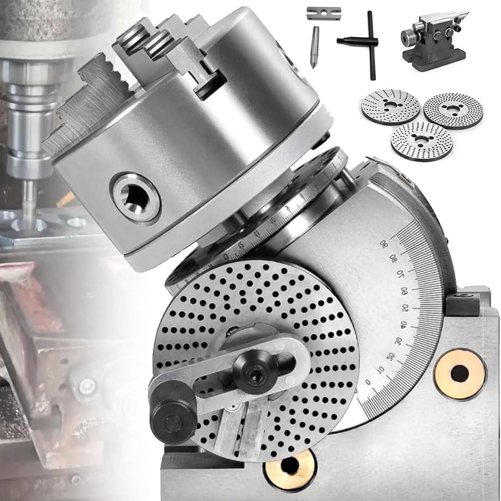 JozyJul Dividing Head,Indexing Plate Head 3 Jaw Universal,for Milling Machine Rotary Table Vertical And Horizontal,4/5/6” with Tailstock Dividing Plates CNC Mill for Milling Machine 5in/125mmchuck