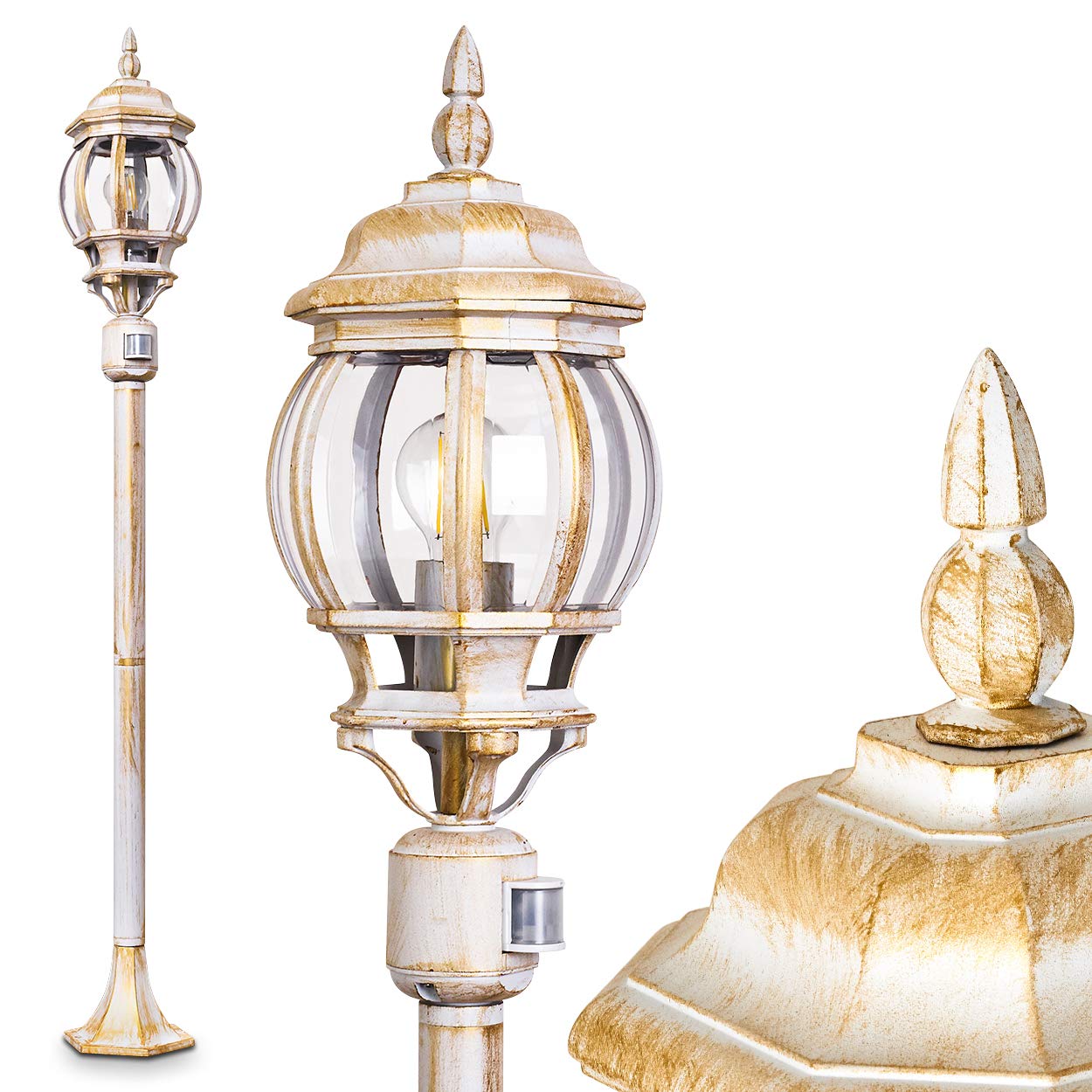 Outdoor lamp Lentua with Motion Detector, Path Light in Antique Look, cast Aluminium in White/Gold with Plastic panes, Floor Light 130 cm, Retro/Vintage Garden lamp, E27 Socket, IP44, Without Bulbs