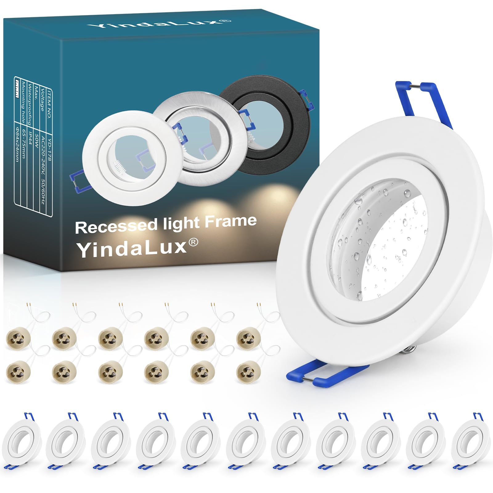 YindaLux 12 Pack GU10 Downlight Frames IP44 White, Aluminium Recessed Spotlight Bezels for Bathroom, 230V Ceiling Spots with GU10 Holder, Ø84mm, Cut-Out 65-75mm, Bulb Not Included