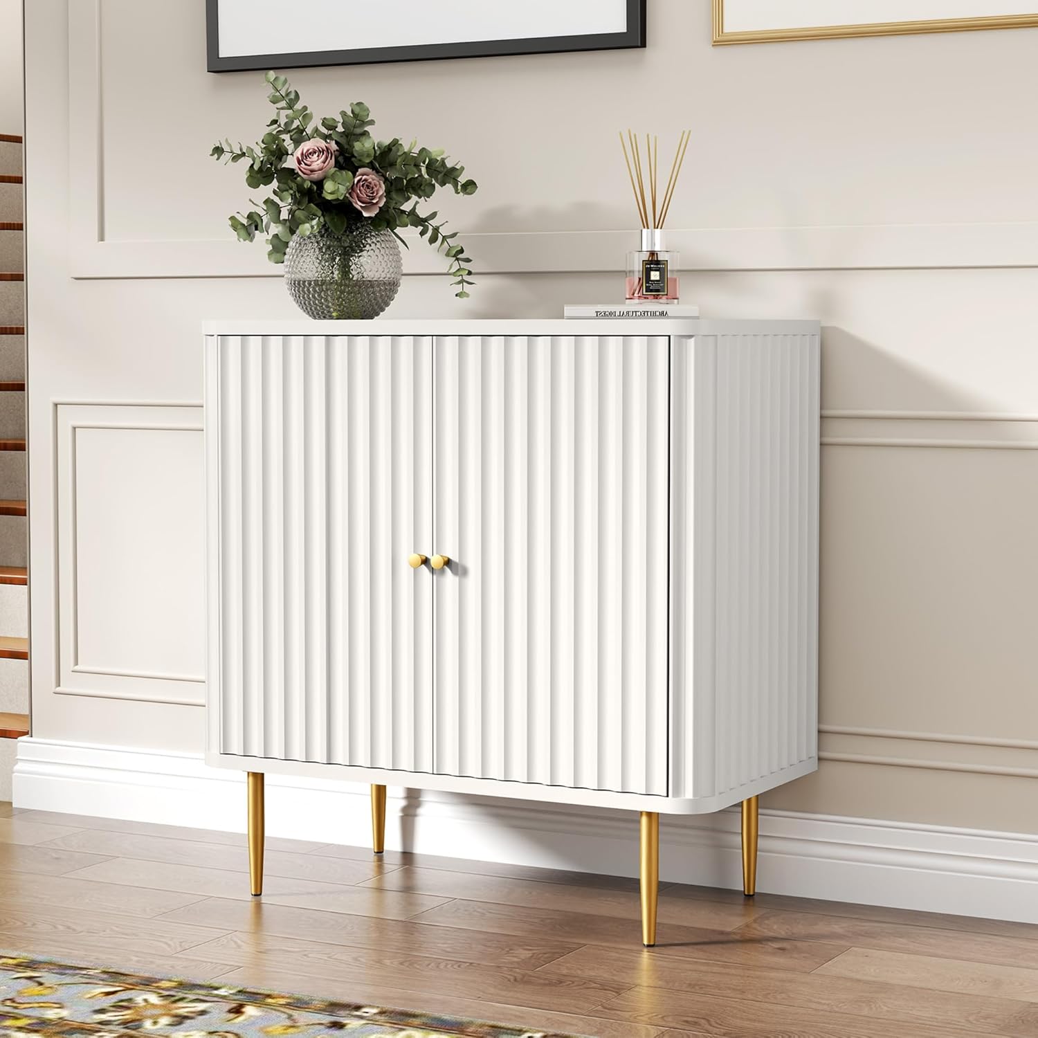 HLR Sideboard Buffet Cabinet with Fluted Texture, White Accent Cabinet with 2 Doors, Modern Credenza Storage for Kitchen Living Room, Entryway (White, 1Piece)